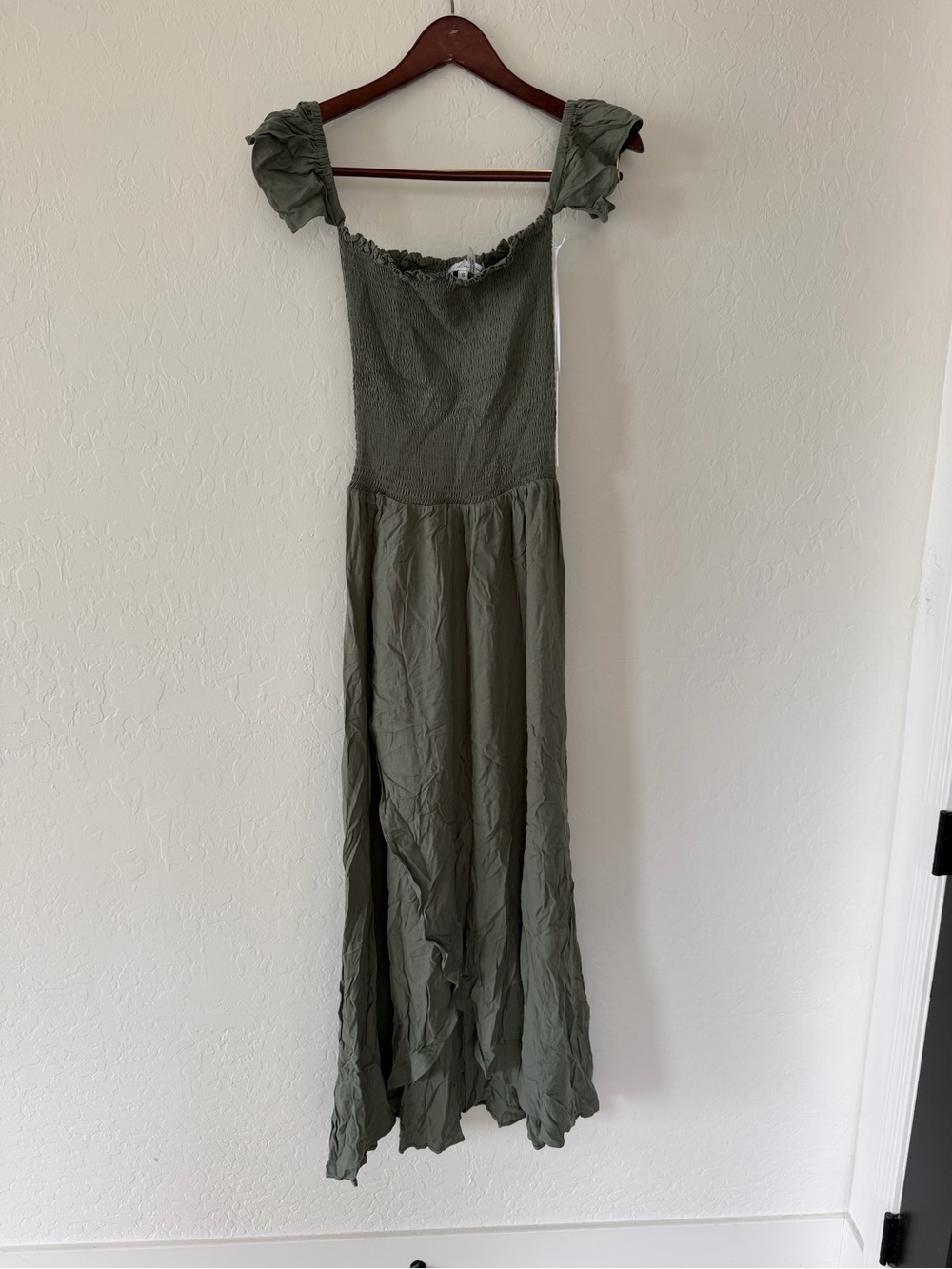 Young Fabulous & Broke Olive Green Smocked Off-Shoulder Ruffle Maxi Dress Size S